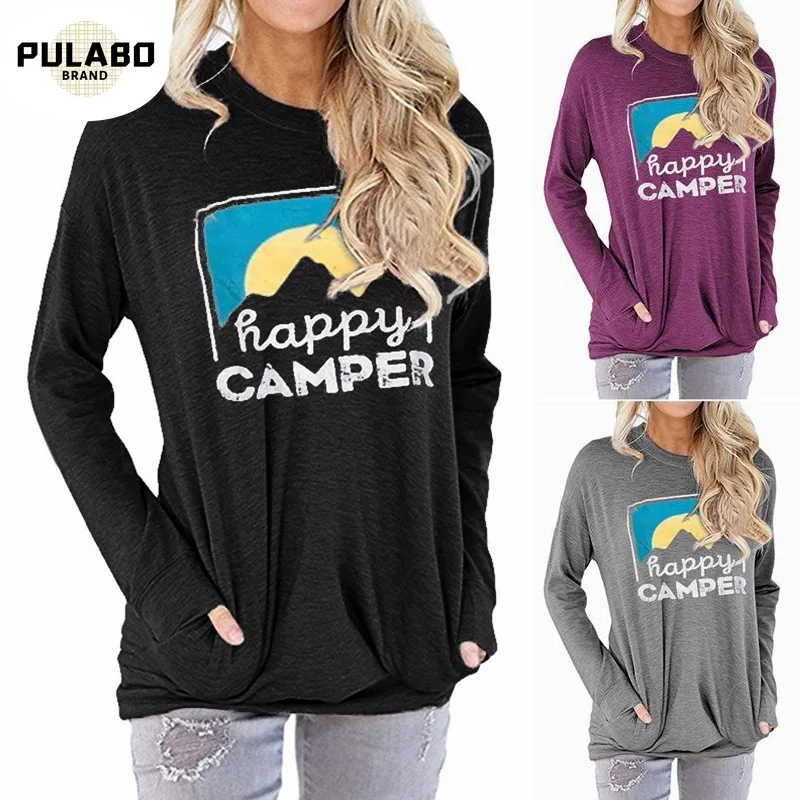 

Autumn Popular Women's Sweater Happy Camper Printed Letter Loose Round Neck Long-Sleeved T-shirt Women Woman Tshirts Tops