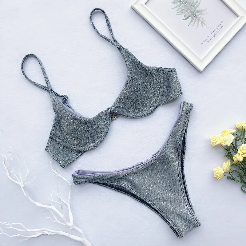 Сексуальные серебристые золотые бикини 2019 пуш-ап купальная одежда женский