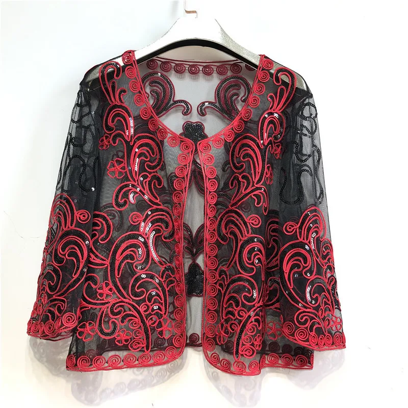 

Summer Jacket Coat Women Vintage Mesh Cardigan Coat Jacquard Weave Ladies Elegant Vestidos Sequin Jackets Loose Outerwear