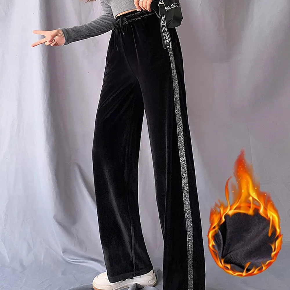 

Women Wide Legs Thick Pants Fleece Lined Warm Long Baggy Trousers Flare Fat Female High Waist Sport Pants Lattice Plus Size 2021