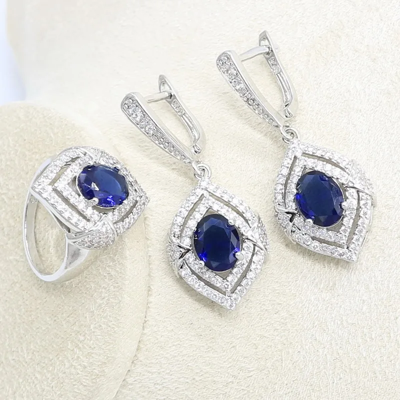 Серебряный цвет Искусственный Свадебный синий камень с браслетом серьгами