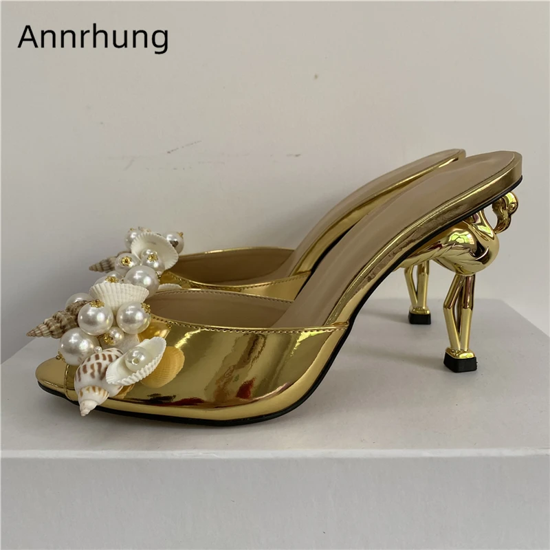 

Beaded Pearl Conch-Shell Flower Sandals Women Unique Flamingo Strange Heel Slingbacks Patent Leather Summer Mules