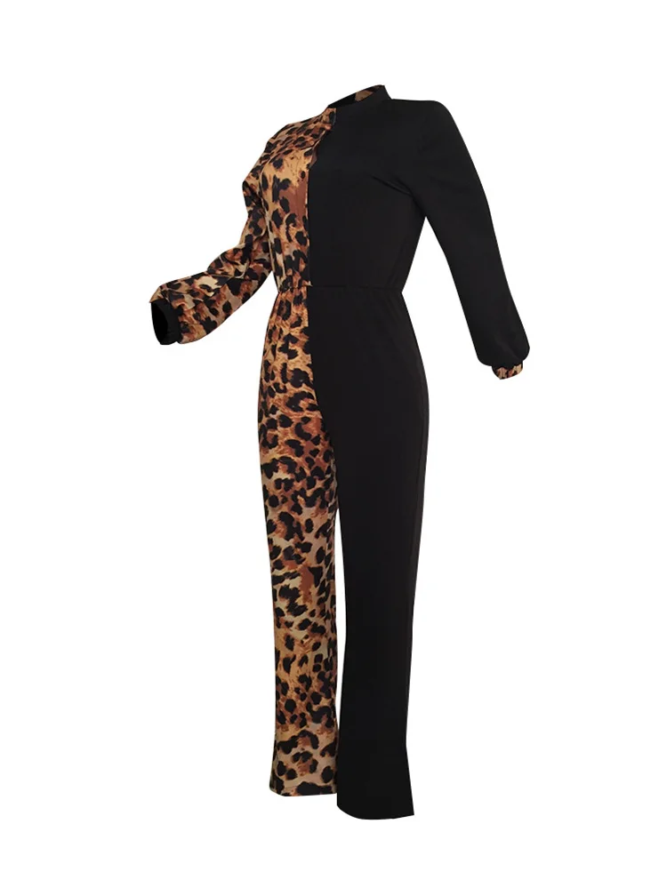 2020 Autumn Women Elegant Plus Size 3XL V Neck Casual Jumpsuits Female Party Leisure Plunge Colorblock Insert Leopard Jumpsuit | Женская