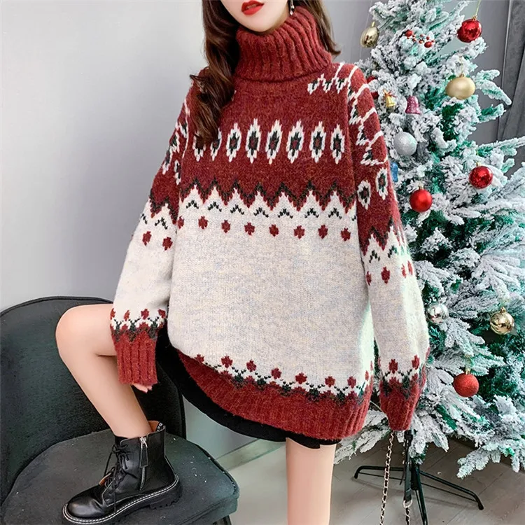 

Christmas Sweater New Striped Sweater Women Loose Korean Style High Collar Fall and Winter Outer Wear Sweaters Women's Clothing
