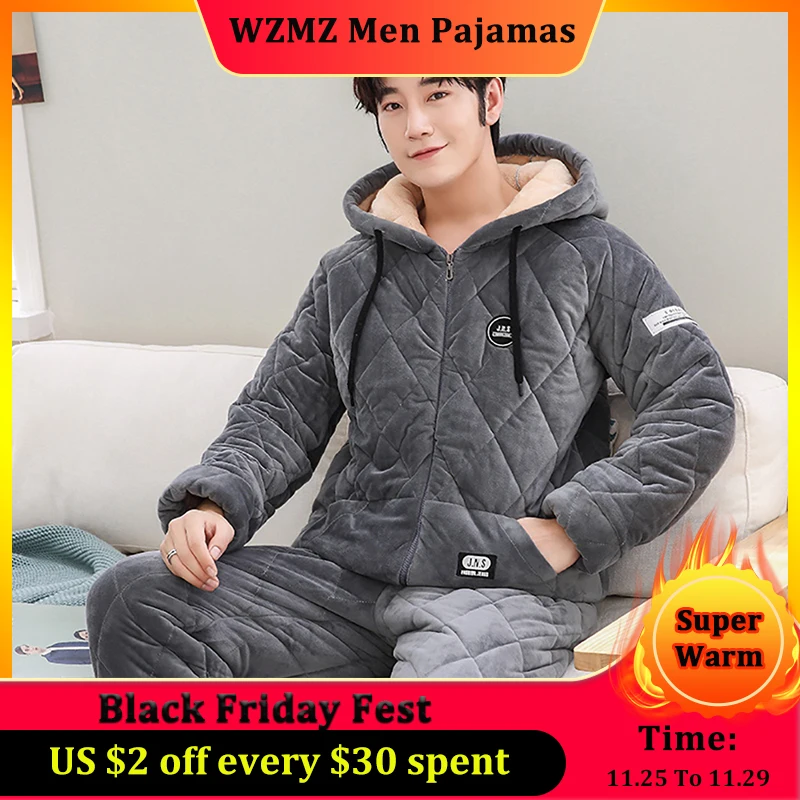 

Men's Pajama Sets Winter Flannel Pajamas Trendyol Hooded Sleepwear Thick 3-layer Cotton Big Size Pajamas for Men Loose Home Wear