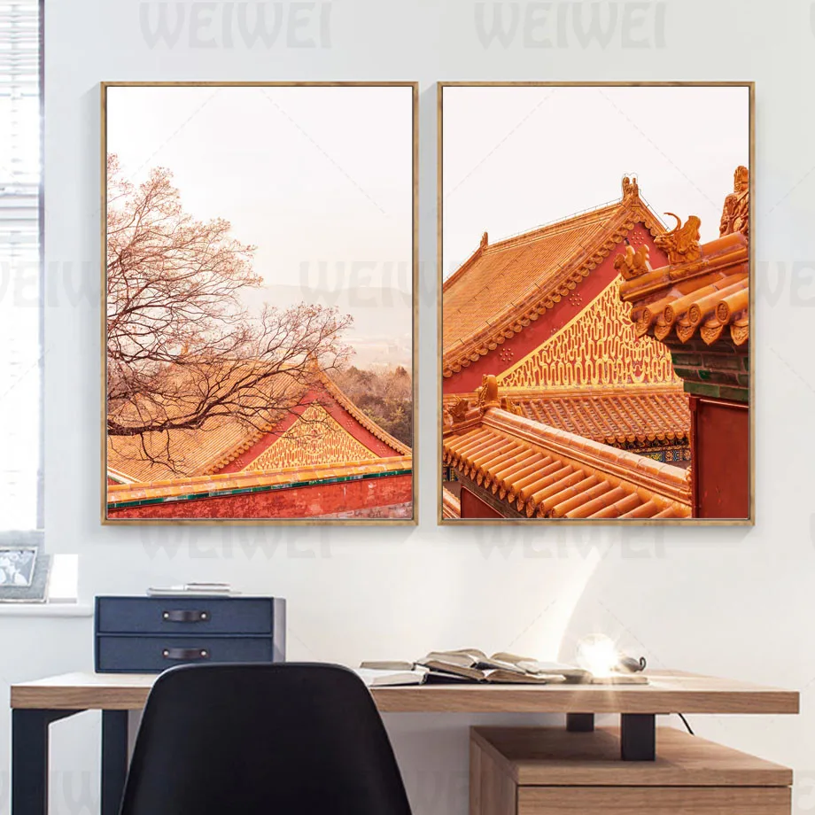 

Partial Home Decoration Paintings of Ancient Palaces Eaves Glazed Tiles Canvas Paintings Living Room Depth Sense Poster Fences