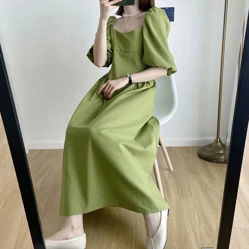 

2021 ZA Vintage Elegant Style Square Neck Puff Sleeve Slim Waist Long Dress Women 7385/106 7385106