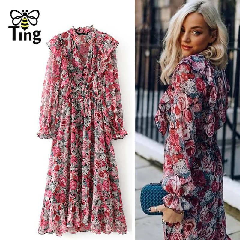 Шифоновое платье Tingfly с цветочным принтом оборками летнее повседневное длинное