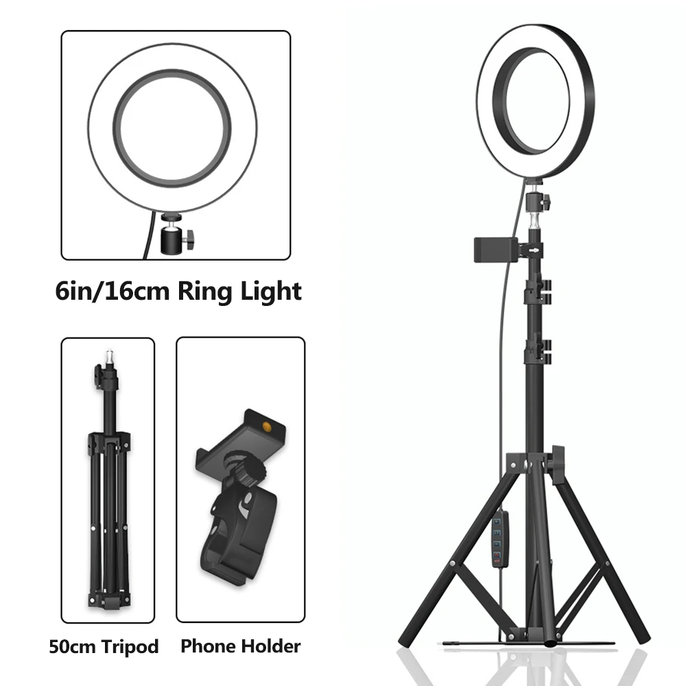 

Светодиодный кольцевой светильник 16 см, со штативом и держателем для телефона, 68 см, для прямой трансляции, YouTube видео
