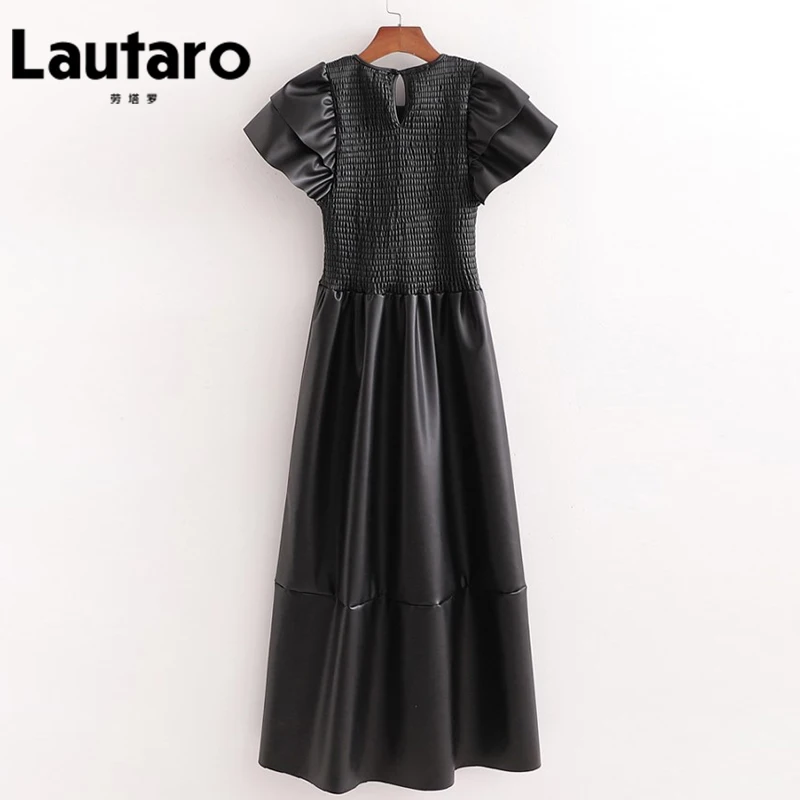 Lautaro Длинное мягкое черное кожаное платье стрейч Элегантные дизайнерские