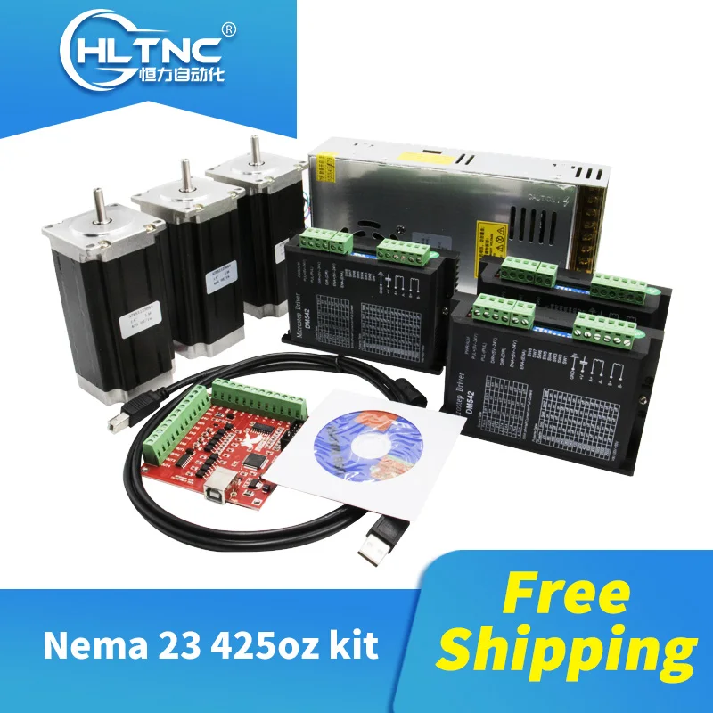 Free shipping 3 pcs DM542 Stepper motor driver+ 3 pcs Nema23 425 Oz-in dc motor+1 set mach3+1 pcs 350W 36V power supply for CNC