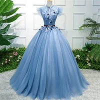 quinceanera dress bow neck long evening dresses tulle blue pleat sleeveless mesh sweet fairy party gowns for women