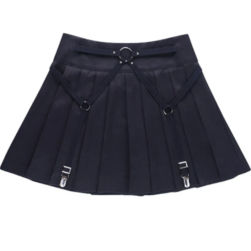 

Summer Sexy Hoop Hollow Out Pleated Skirts Goth Black Iron Ring Female Mini Short Skirts Casual Skirt Women A-line Gothic Skirt