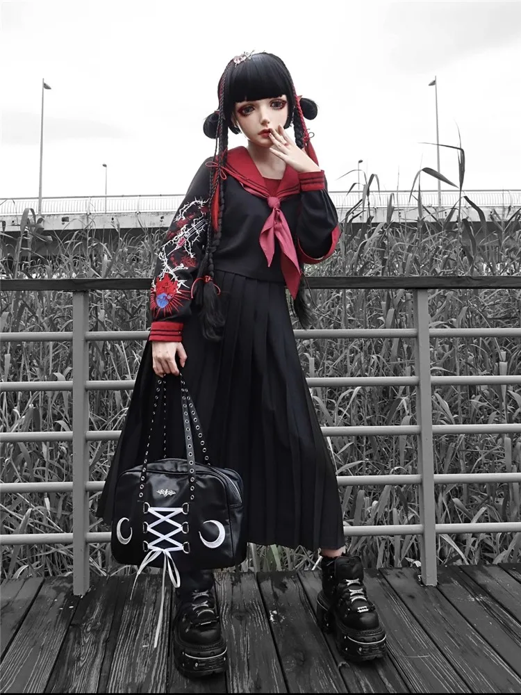 

Tokyo Fashion Japanese Jk Girls Bloodthirsty Heart Embroidery Bad Loli Gothic Cosplay Anime Kawaii Sailor Suit Lolitas Outfit