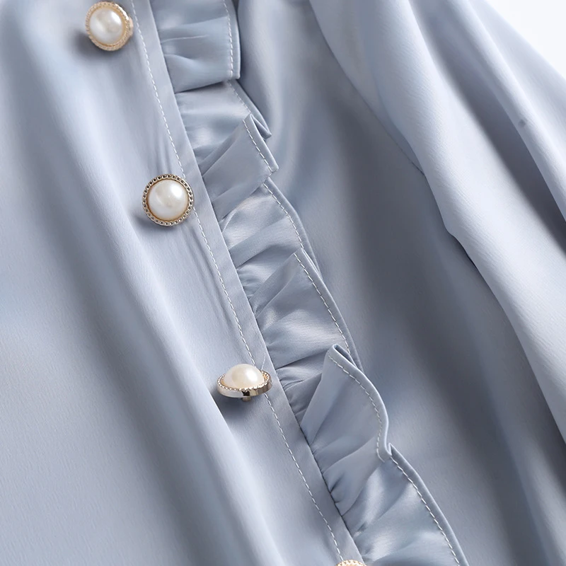 

Office ladies Stain Ruffles blouse 2021 Spring Stand collar Long sleeve casual Shirt Female Buttons Tops Blue Chic YNZZU 1T041