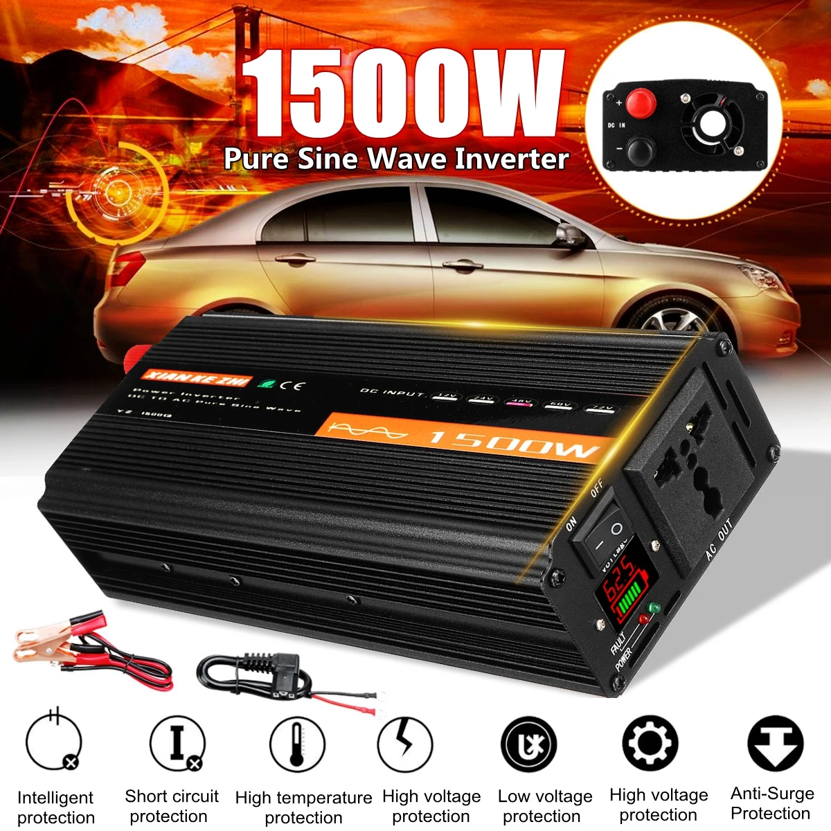 

Pure Sine Wave Inverter 1500W DC 12/24/48V To AC 220V Car Inverter Power Converter Transformer Solar Inverter With LED Display