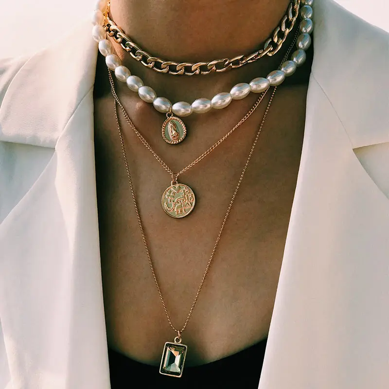 Женская винтажная цепочка JJFOUCS золотистого цвета цветной многослойный кулон с