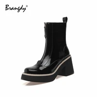 brangdy genuine leather women martin boots chunky square heels women shoes round toe platform zipper women winter ankle boots