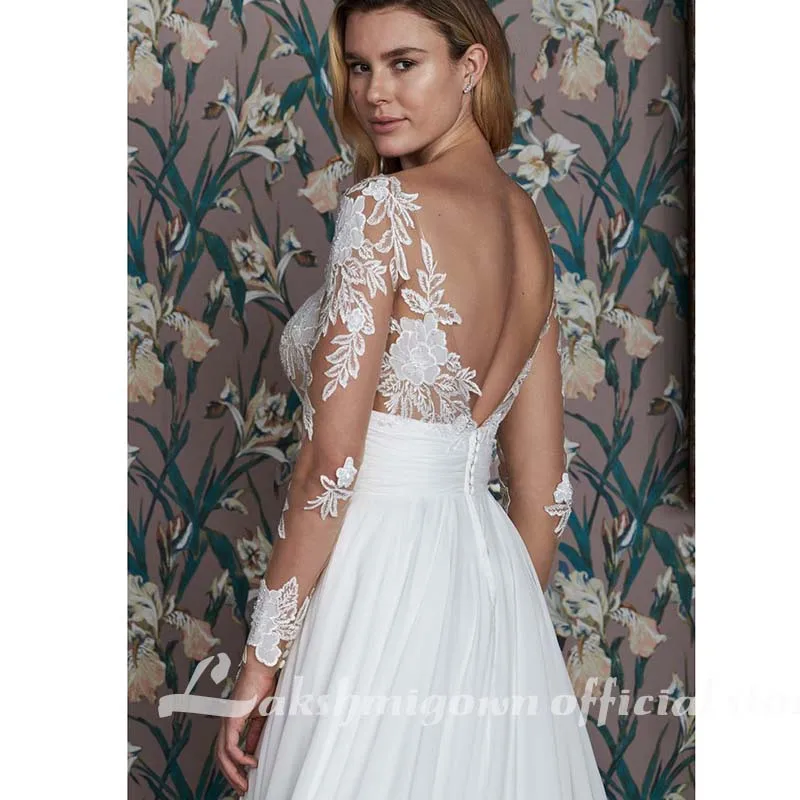 

Simple Appliqued Long Sleeves Bridal Gowns Plus Size Wedding Dresses High Split Ruffle Sweep Train Robes De Marie