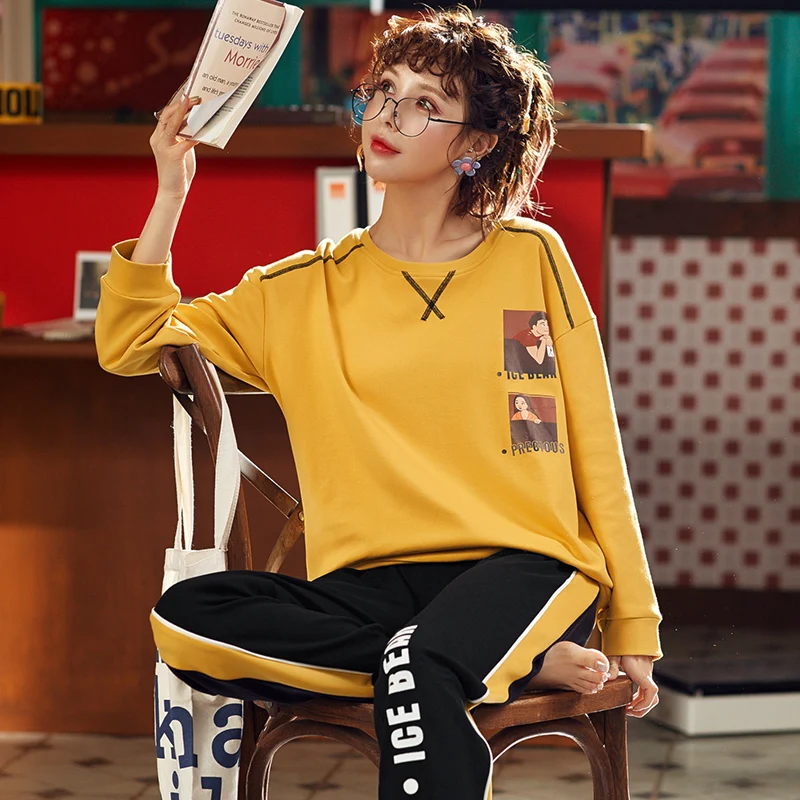 Пижама женская из хлопка и с длинным рукавом осень-весна размера плюс | Женская