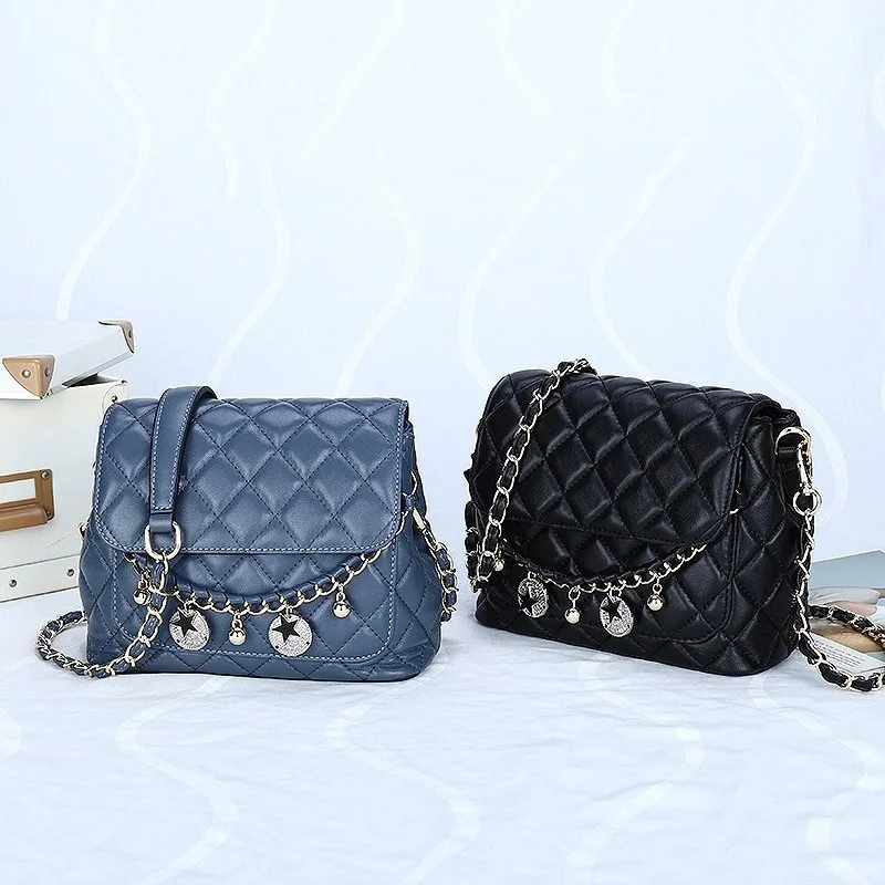 

Women's Bag Female Bag Black Blue 22cm Flap Silver Buckle Chain Star Badge Elegant Temperament Trendy Fashion Be All-Match