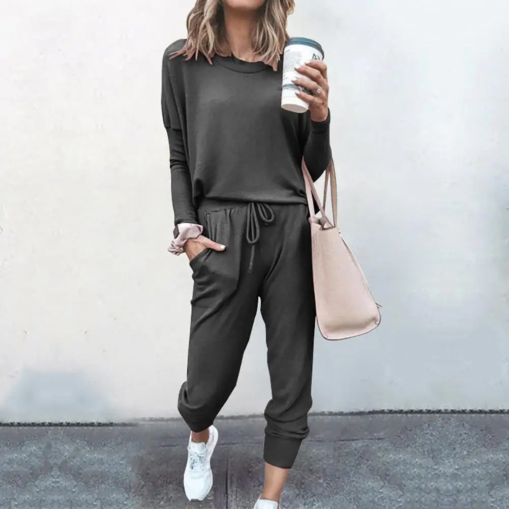 

2020 Women's Sets Women Long Sleeve O Neck Blouse Top Drawstring Pockets Pants Sports Tracksuit спортивный костюм женск