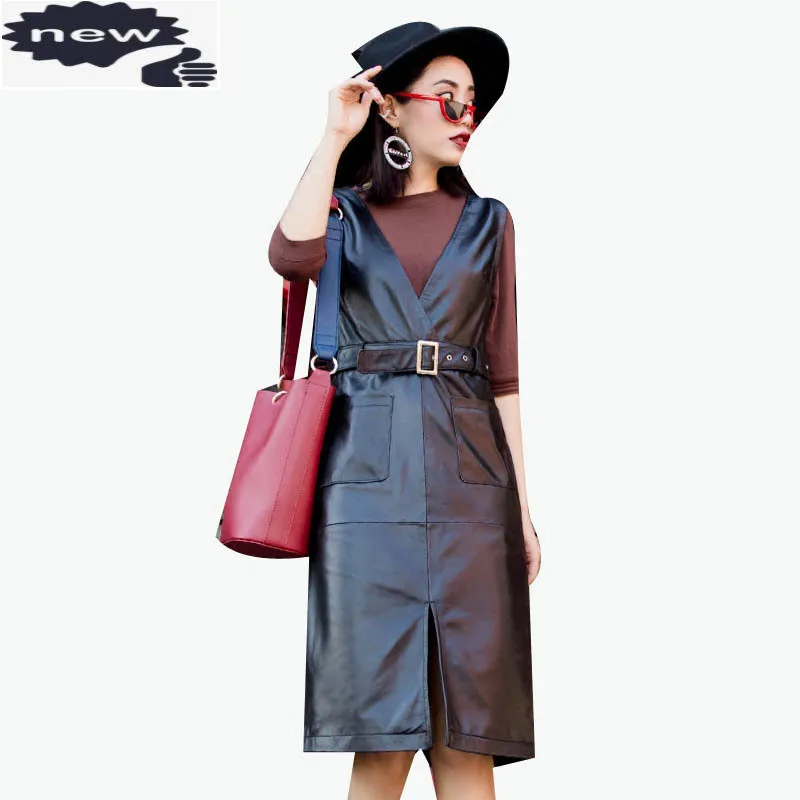 

Strap 2021 New Fashion Genuine Leather Casual Dress Elbise Women Vestido Clothes For Female Robe Femme Plus Size M-4XL