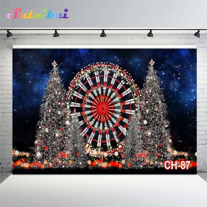 

Christmas Ferris Wheel Photography Backdrop Fairy Tale Lighting Glitter Child Portrait Christmas Tree Winter Snow Background