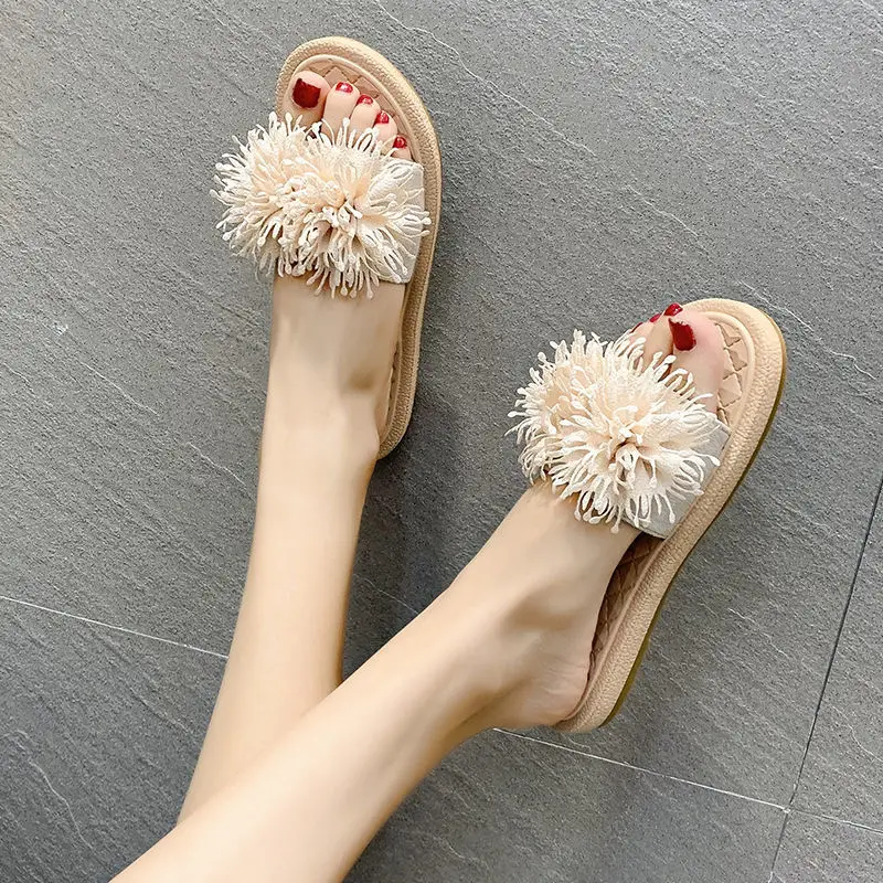 Шлепанцы женские с цветами повседневные замшевые домашние тапочки плоская