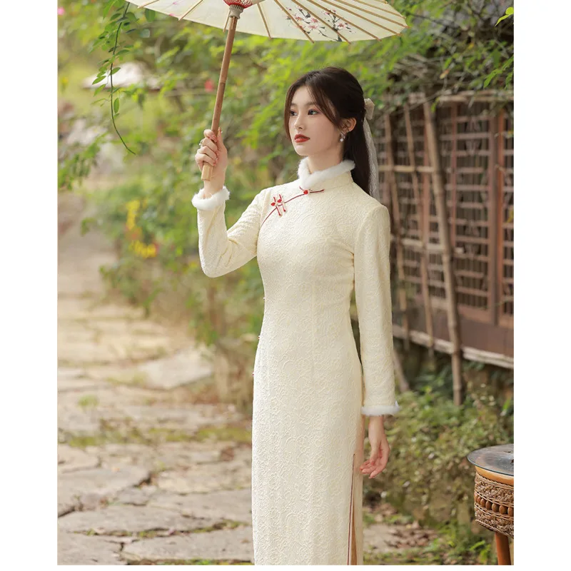 

Винтажное традиционное кружевное платье Ципао в этническом стиле, женское китайское платье, женское элегантное тонкое платье-Ципао на осен...
