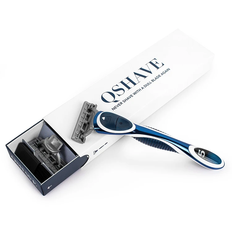 Синяя мужская бритва QShave может спроектировать ваше имя на ручке, 1 ручка и 6 картриджей(5 шт. лезвия X3, 1 шт. лезвие X5, 1 шт. ручка