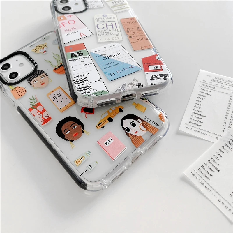 

Cartoon Flight Ticket Girl Soft Phone Case for iPhone 12 mini 11 Pro Max XR XS Max X 6s 7 8 Plus SE Thick Border Soft Back Cover