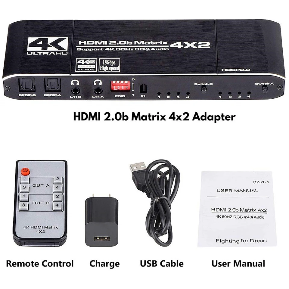 Матрица HDMI OUIO 4K @ 60 Гц 4x2 переключателя сплиттер Поддержка HDCP 2 ИК-пульт