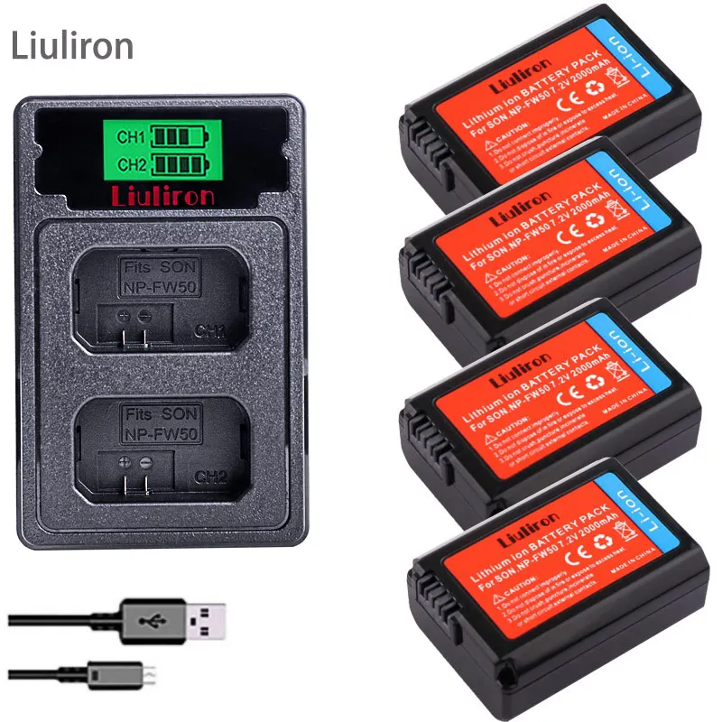 charger and 4battery 2000 мА/ч, NP-FW50 NP FW50 NPFW50 Батарея Akku емкостью+ ЖК-дисплей двойной Зарядное устройство для sony Alpha a6500 a6300 a7 7R a7R a7R II a7II NEX-3 NEX-5 - Цвет: charger and 4battery