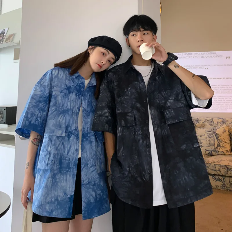 

Summer Short-sleeved Shirts Men's Fashion Retro Casual Shirts Men Streetwear Loose Hip-hop Tie-dye Shirts Mens Pocket Shirts