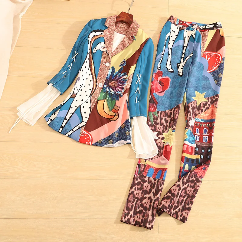 

Spring and Summer The New Women Casual Style Suit Coat +Print Fawn Pants Elegant Slim Two-Pieces Set S-XL