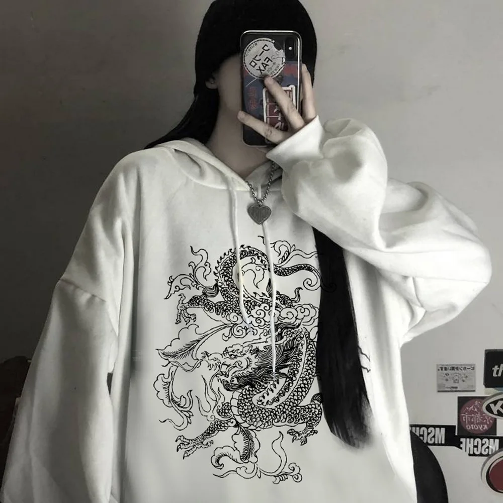 

Y2K Gothic Dragon Print Hoodies Women Harajuku Vintage hoodie Sweatshirt Oversized streetwear Casual Winter Autumn Grunge Coat