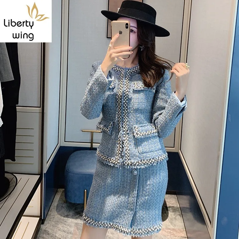 Женский твидовый костюм с юбкой синий клетчатый комплект из двух предметов