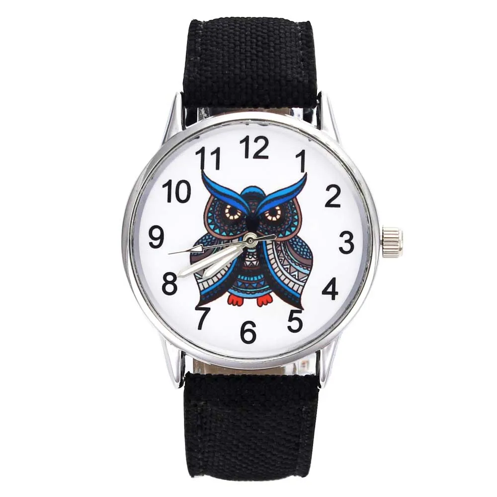

Creative Design Owl Vector Pattern Ladies Watches Fashion Denim Cloth Strap Luminous Analog Quartz Wrist Watch for Women Men