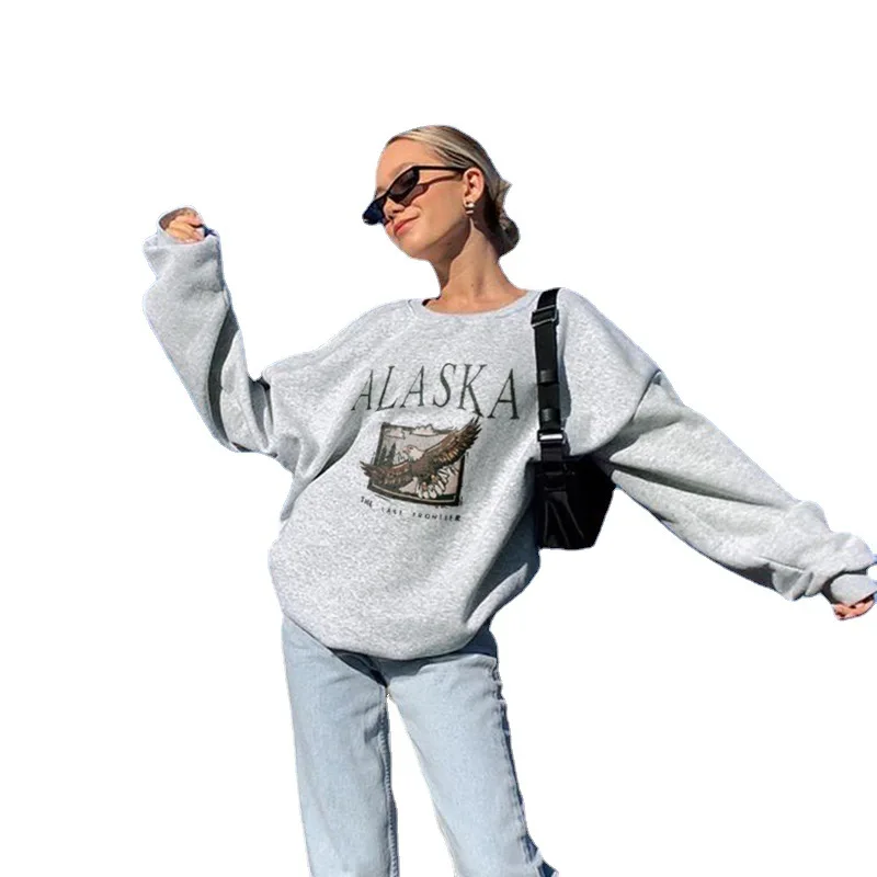 

2021 Spring Autumn Women Sweatshirts Vintage Streetwear Letter Print Black Hoodies Women Back To The Basics Loose Sweatshirt New