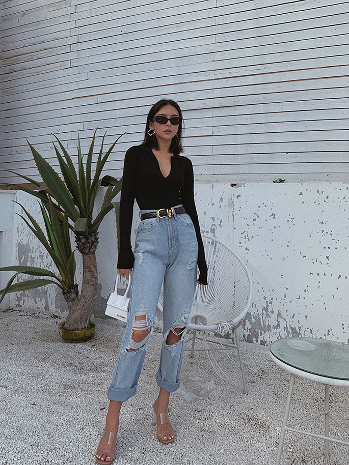 2019 новая мода повседневная женская одежда сексуальный v-образный вырез Высокая