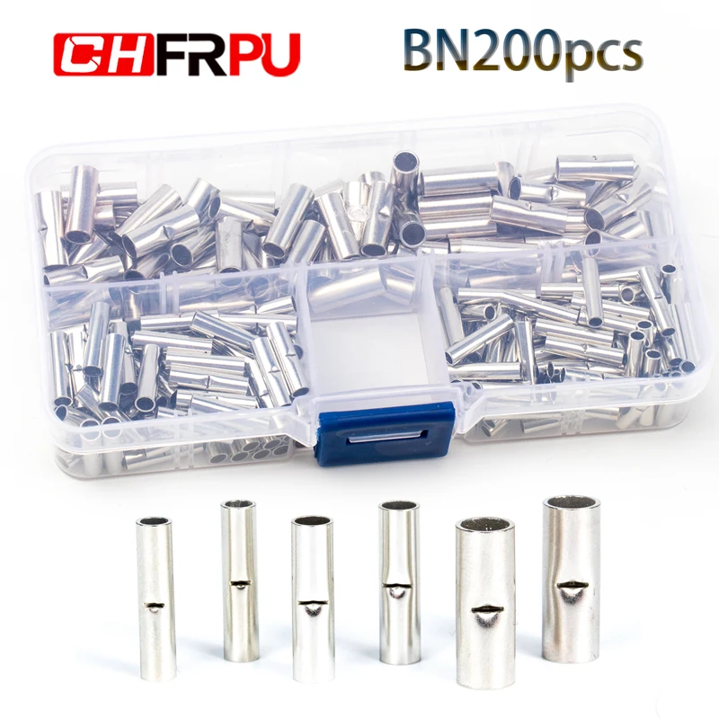 

200PCS/boxed butt wire connector AWG 22-10 tinned copper crimp terminal sleeve bare terminal crimp connector kit