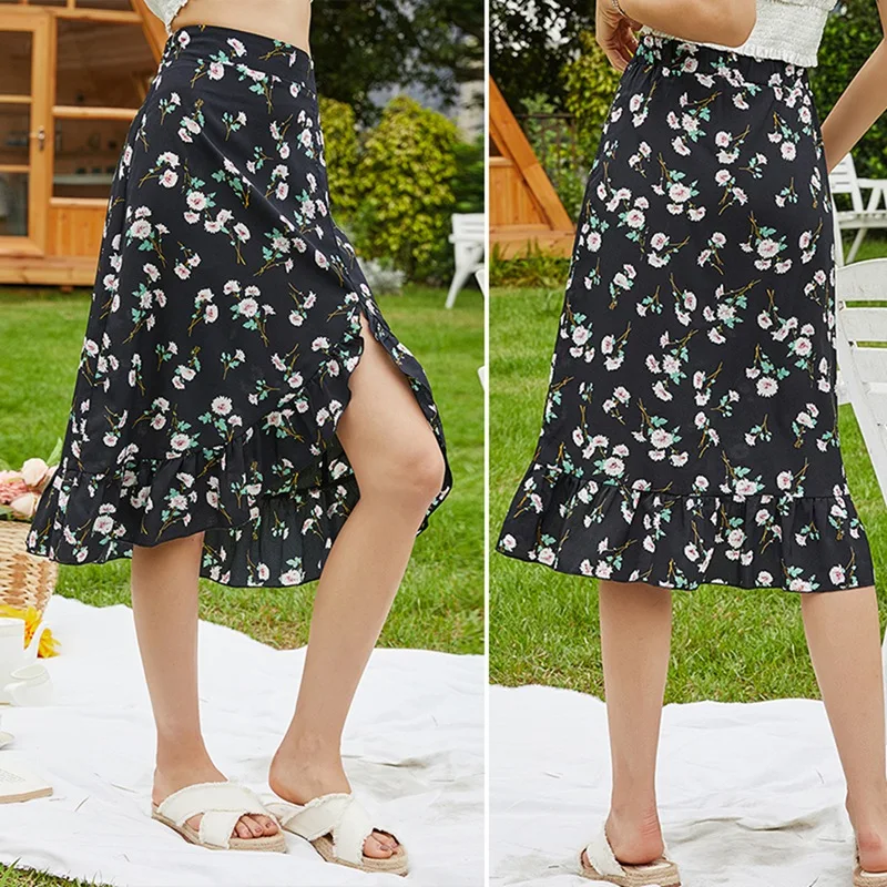 

Women's Printed Floral Irregular Fishtail Skirt Casual Skirt Black