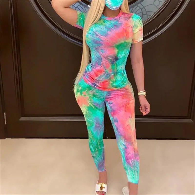 

Spring Fall Women Two Piece Clothes Set Casual Sportswear Outfit Tie-Dye Sweat Suits Short Sleeve T-shirt Top and Pants