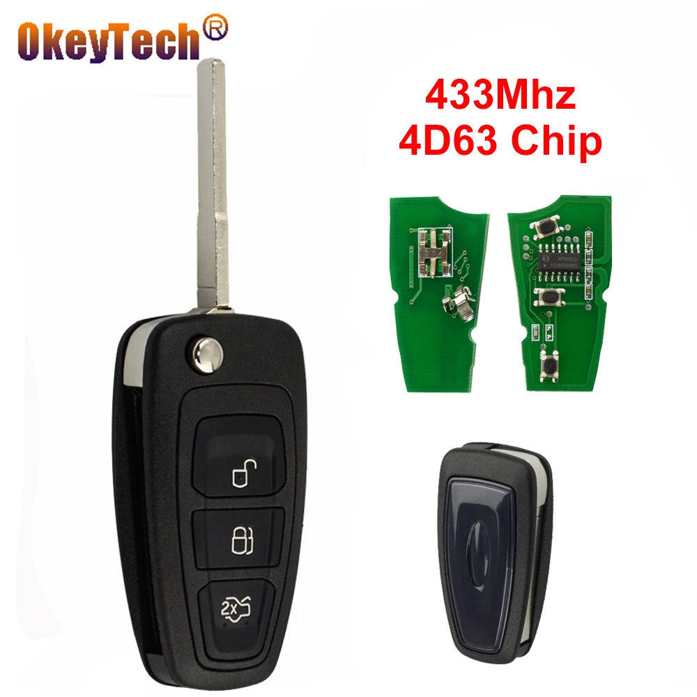OkeyTech 433 МГц 4D63 чип 3 кнопки раскладной складной дистанционный ключ для Ford Fawkes Mondeo