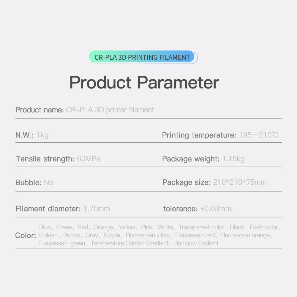 

1.75mm Filament CR-PLA High Precision Plastic No Bubbles 60MPa 1kg 3D Printing Supplies Filament for Creality Printers