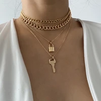 4pcsset layered gold chain necklaces for women punk chunky thick lock and key necklace choker trend jewelry girl gift