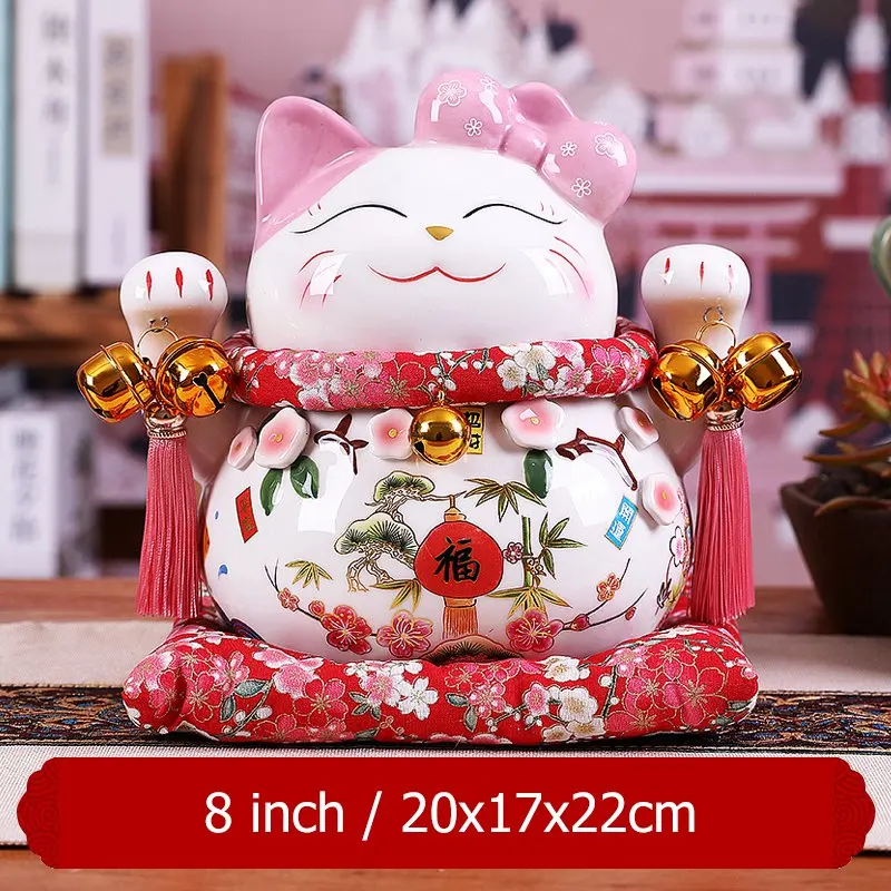 Мультяшная Статуэтка Maneki Neko Oranment, керамическая фигурка счастливого кота, розовый галстук-бабочка, статуя кота Фортуны, Домашняя Декоративная копилка, копилка - Цвет: 8 inch