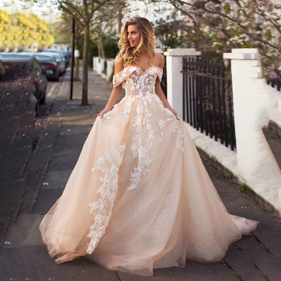 

Off the Shoulder Champagne Tulle A-line Elegant Wedding Gowns Bling Bling Sexy Lace Applique Bridal Dresses