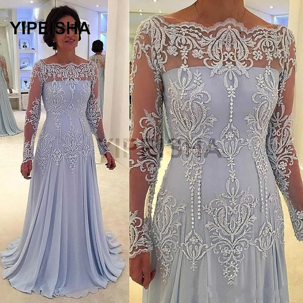 

2021 Bride Mother's Dress Off Shoulder Sheer Long Sleeves Formal Godmother Evening Wedding Party Guests Gown Plus Size